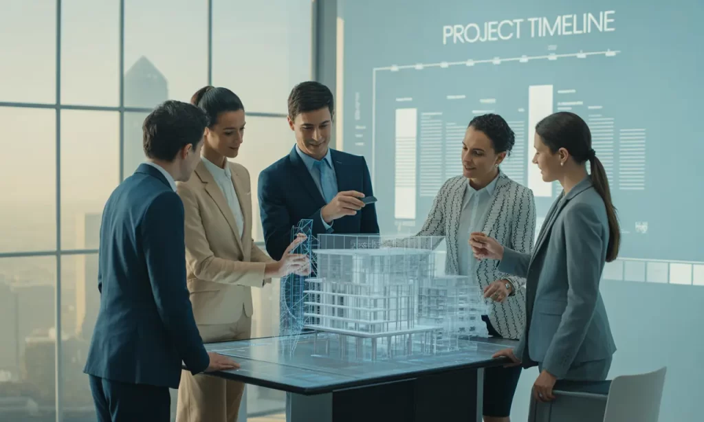 AI-Powered BIM Services for Indian construction firms showcasing a smart 3D building model with real-time digital design collaboration.