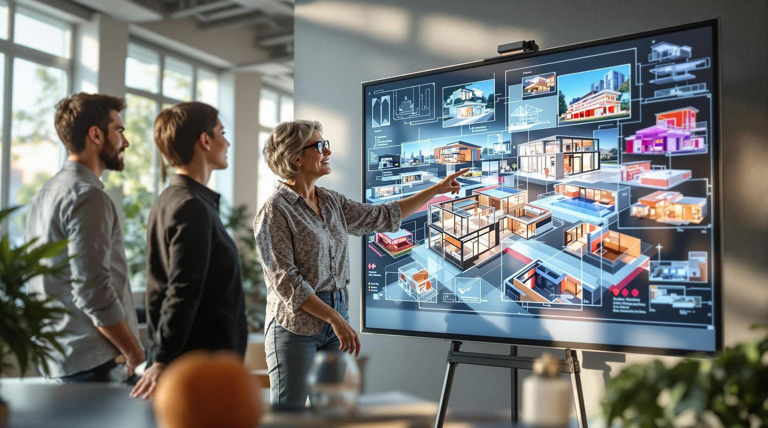 Architectural team collaborating on BIM model with digital building design displayed on large screen in modern office