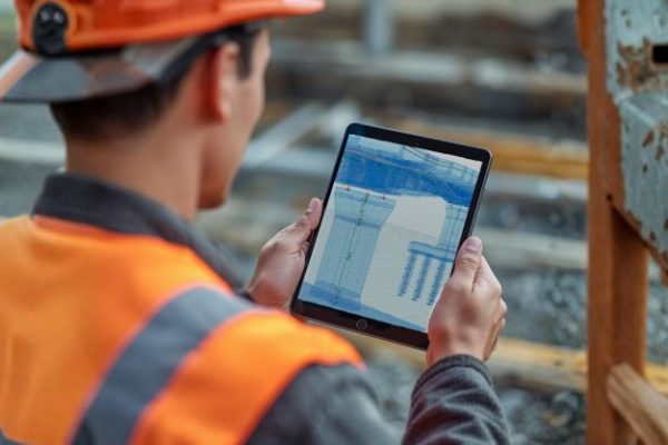 Construction manager using a tablet to review 4D BIM model and time-based project schedule at an active construction site in the USA