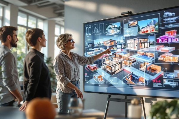 Architectural team collaborating on BIM model with digital building design displayed on large screen in modern office