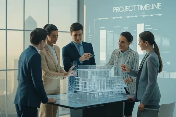 AI-Powered BIM Services for Indian construction firms showcasing a smart 3D building model with real-time digital design collaboration.